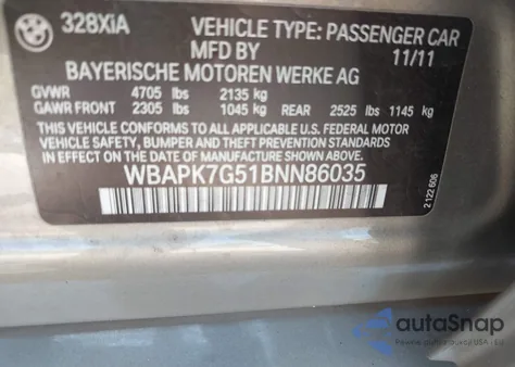 2011 BMW 328I xDrive from USA, damaged, VIN WBAPK7G51BNN86035